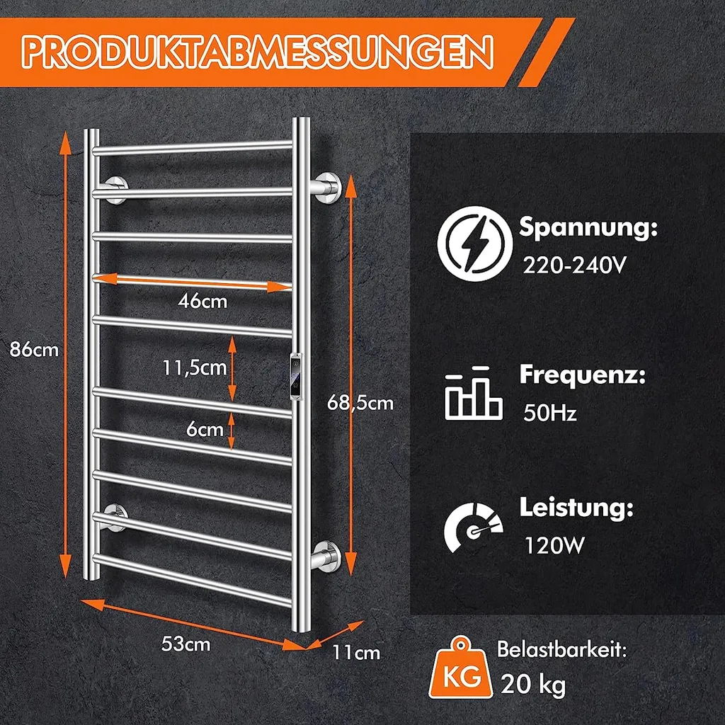 Chauffe-serviettes électrique pour salle de bain moderne inox 120W - 7