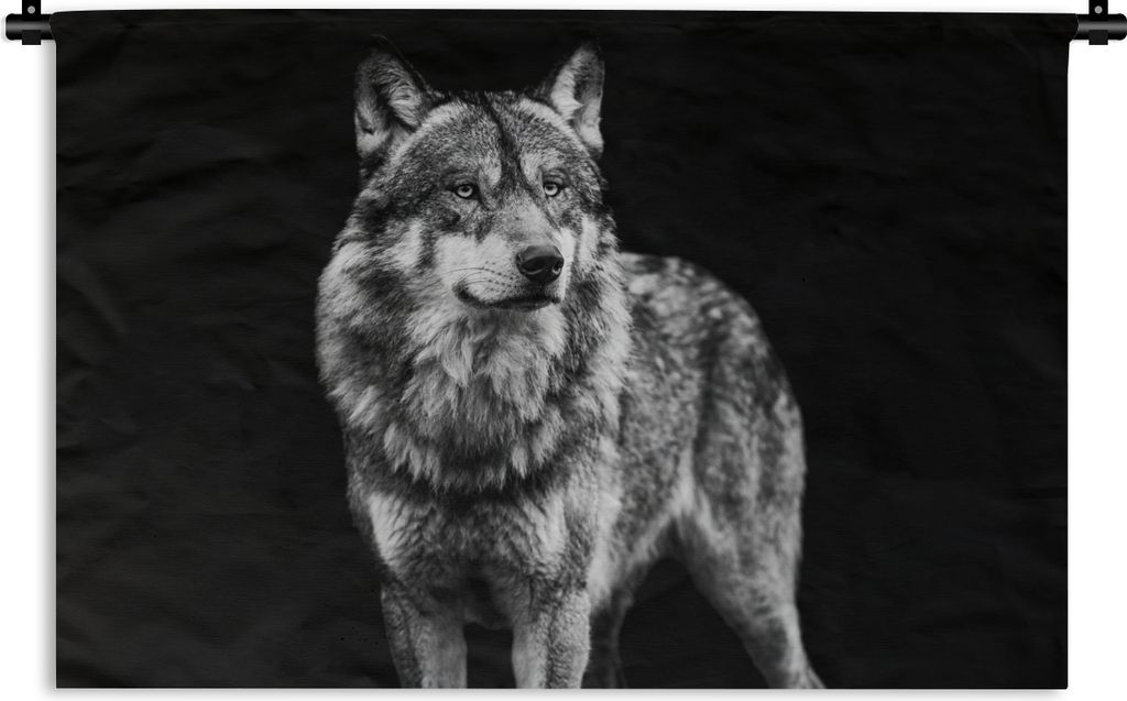 MuchoWow Wandteppich Wandbehang Wolf - Tiere - Wild - Schwarz - Weiß 90x60 cm Tapisserie Dekoration Wandtuch - Wandskulpturen - Bildteppich