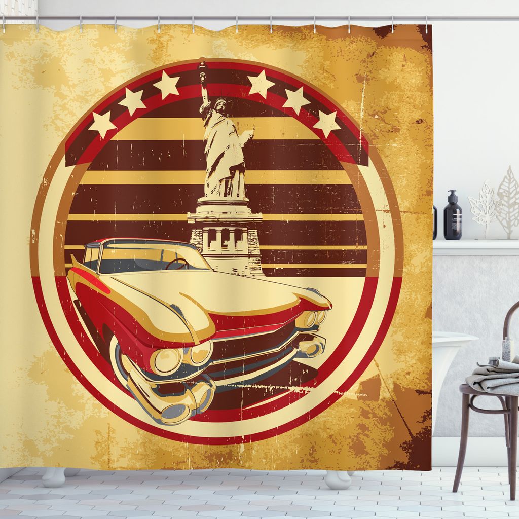 ABAKUHAUS Oldtimer Duschvorhang, Freiheitsstatue, Waschbar und Pflegeleicht mit 12 Haken Hochwertiger Druck Farbfest Langhaltig, 175 x 220 cm, Gelb...
