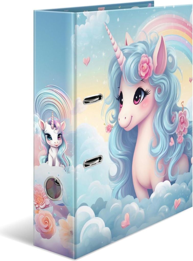 A binder with a unicorn design, set against a cloudy, pastel background with rainbow elements.