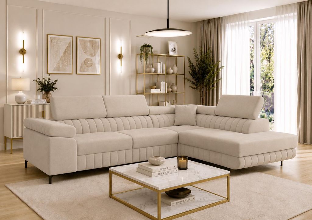Letano Milano Ecksofa mit Schlaffunktion und Bettkasten, Wohnlandschaft L-Form, Couch Velours fleckgeschützt, Matt Velvet, Beige