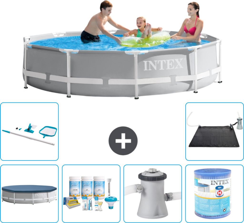 Intex-Schwimmbecken mit rundem Prismenrahmen – 305 x 76 cm – Grau – im Lieferumfang enthalten Abdeckung - Wartungspaket - Filterpumpe für Sc...