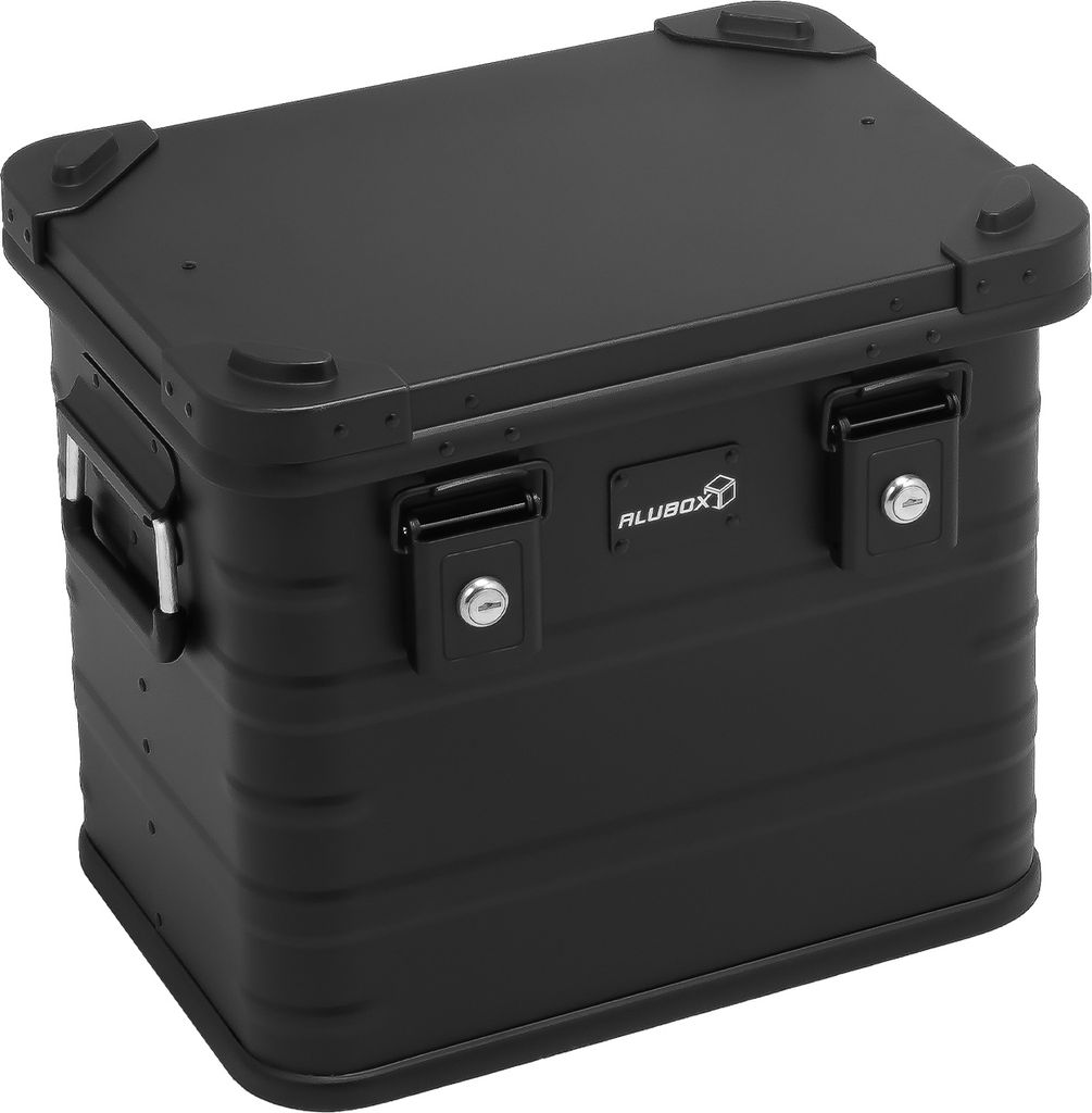 A black aluminum storage box with reinforced corners and latches.