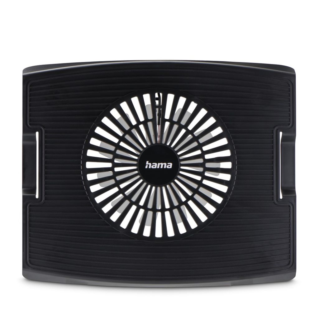 A black notebook cooler with a central fan.