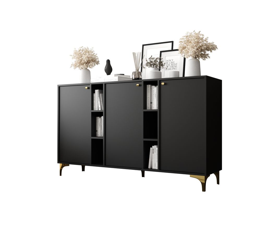 3-türige Kommode 158 cm Schwarz Gold Zubehör LT1-06
