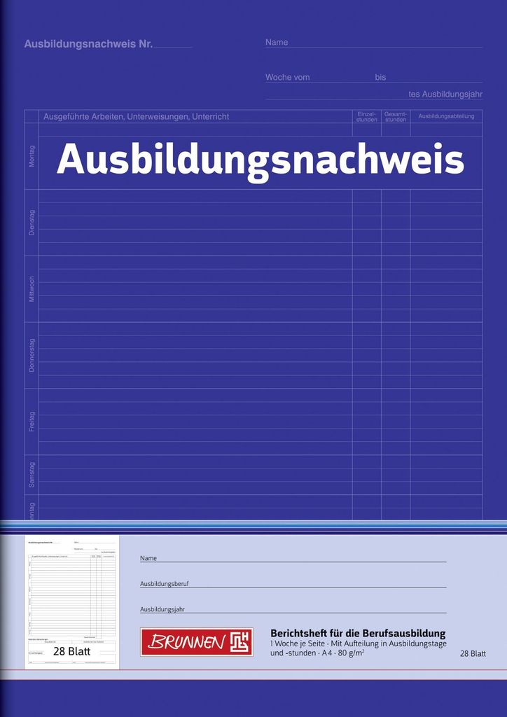 A blue cover page for an apprenticeship logbook with grids and text fields.