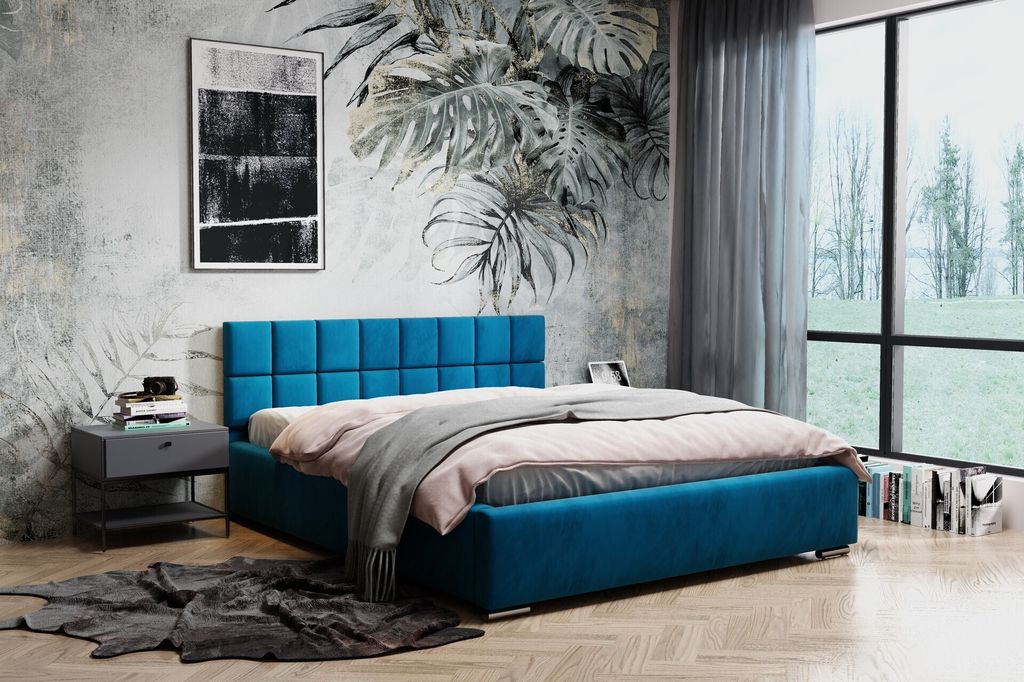 Polsterbett Dream inkl. Schaummatratze SELEKT, 120x200 cm, Doppelbett mit Bettkasten und Lattenrost aus Holz, Velourstoff: Meerblau