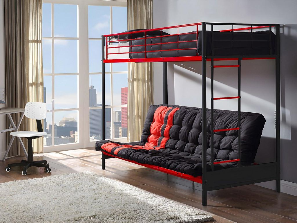 Zwischengeschossbett 90 x 190 cm - Mit Schlafsofa - Metall - Farbe schwarz + rot + Futon - MODULO V