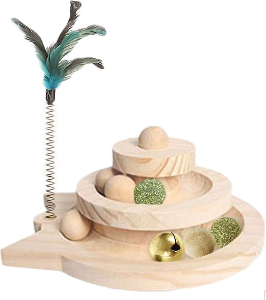2-lagiges Holz-Katzenspielzeug Interaktive Cat Roller Toys mit 3 Arten von Bällen - Kitty Spielzeug für Katzen im Innenbereich - Kätzchen Spaß ...