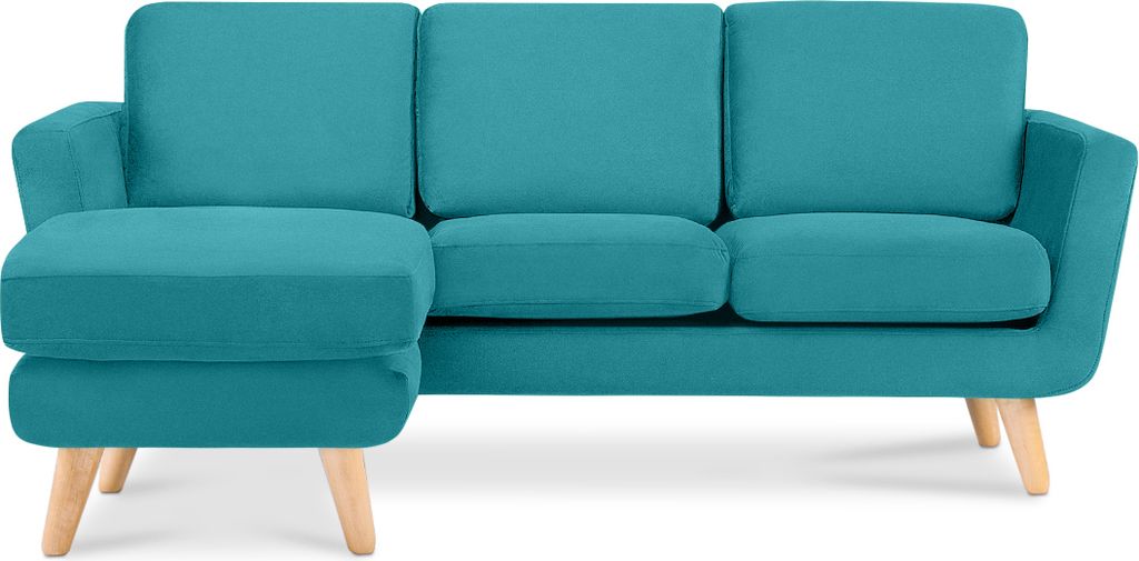 KONSIMO Ecksofa links mit Armlehnen und Gestell aus Massivholz "TAGIO", Türkis, Velourstoff, Scandinavian, 190x78x151cm