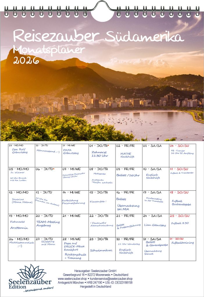 Reisezauber Südamerika Planer DIN A4 Kalender für 2026 Strand Brasilien Peru Argentinien Stadt Reise Land Urlaub - Seelenzauber