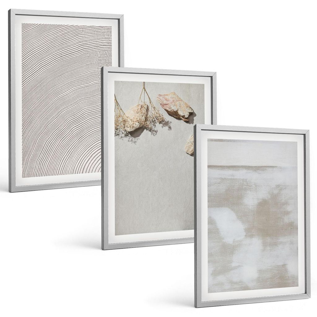Bilder Set 3-teilig im silbergerahmten Rahmen – Wandbilder 3 Stück – gerahmte Poster für Wohnzimmer, Schlafzimmer und Flur – 40x60 cm – B...