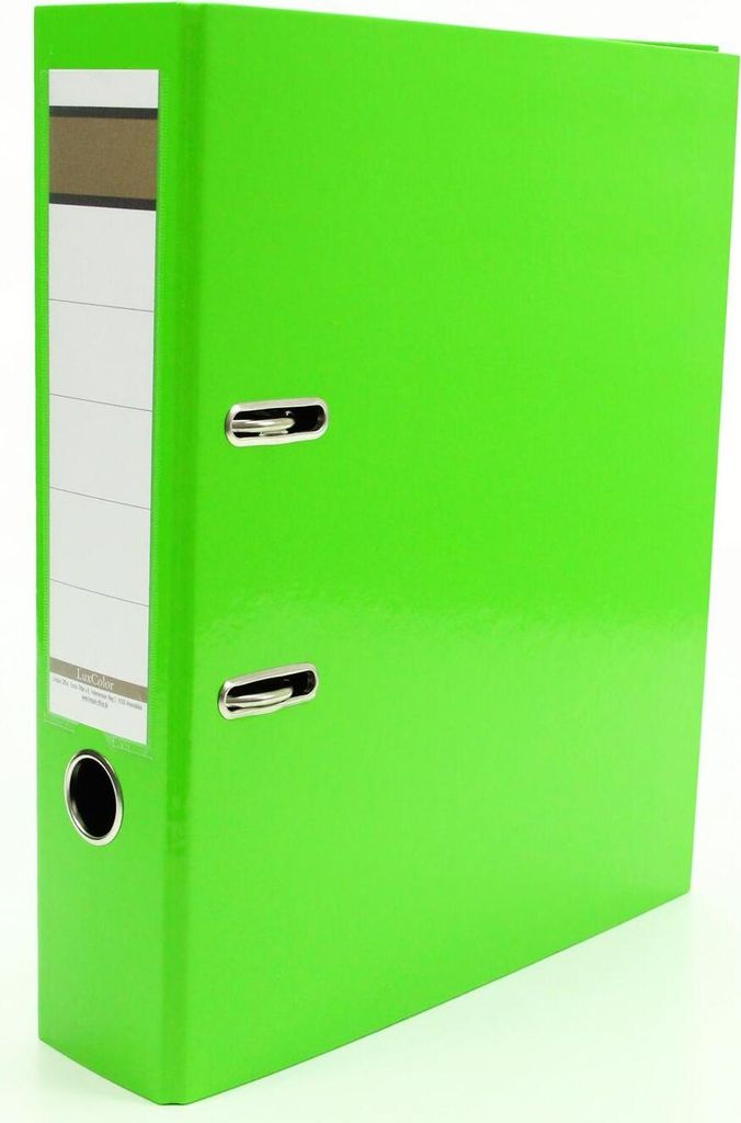 A bright green binder is shown against a white background.