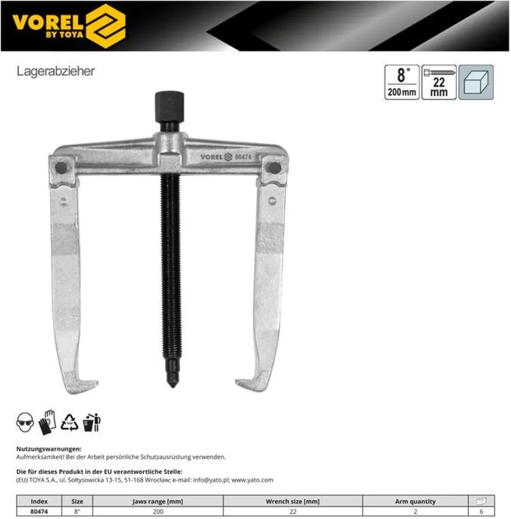 Vorel 80474: Estrattore Belkowy 200mm per Cuscinetti e Dischi - 2