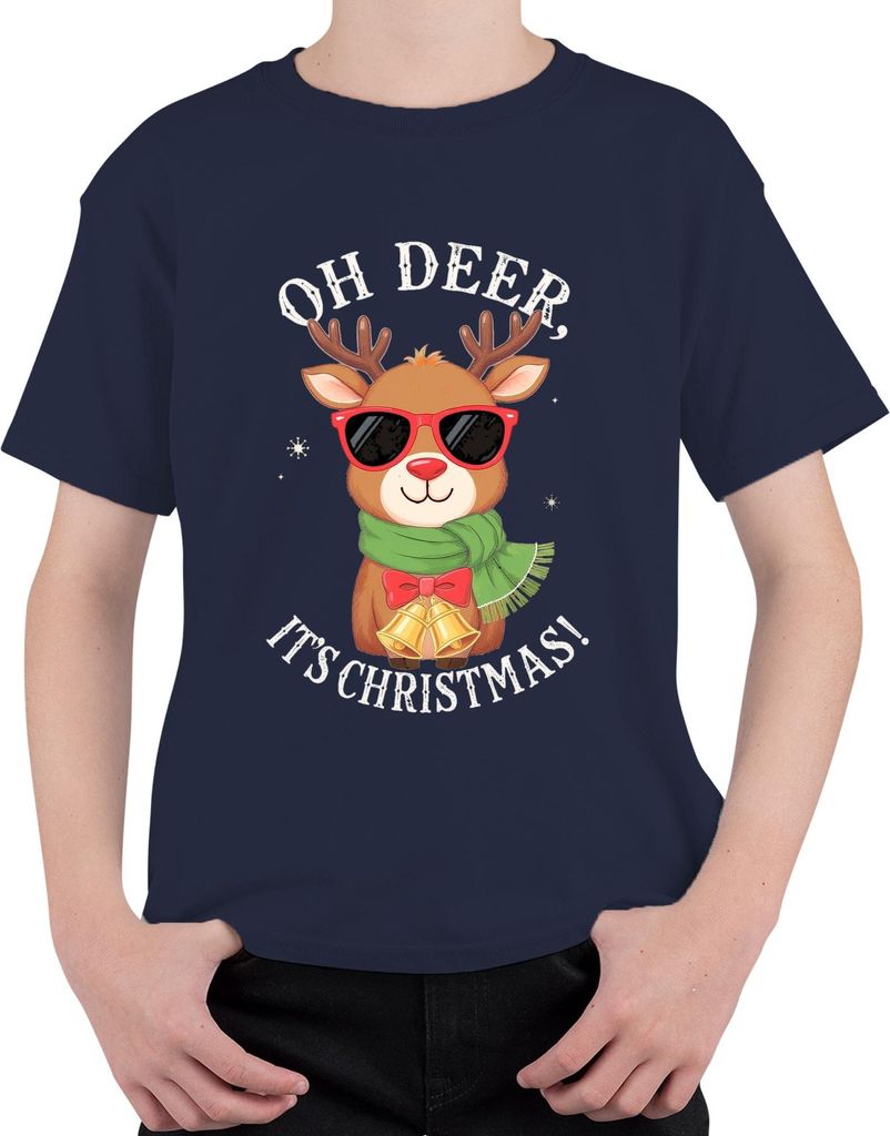 Oh Deer It's Christmas Rudolph Sonnenbrille Schal Glocken lustig Uni Kinder T-Shirt, Navy, 104