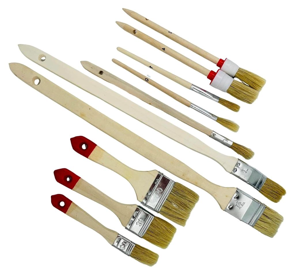 10-teiliges Pinselset für Maler (3 Flachpinsel, 2 Heizkörperpinsel, 2 Rundpinsel, 3 Malpinsel) mit Holzgriff für Farben und Lacke