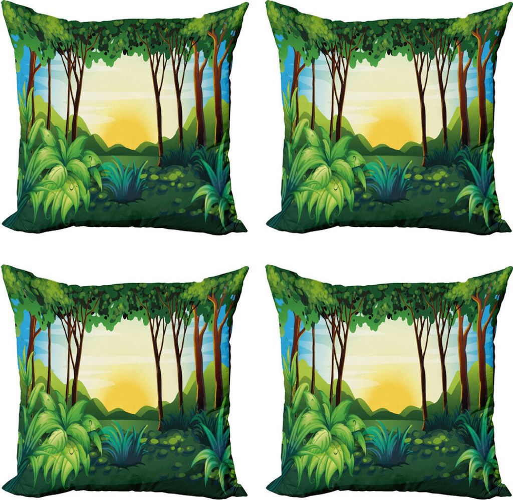 ABAKUHAUS Jungle Leaves Kissenbezug Set (4 Stück), Wald Sonnenaufgang Natur, Moderner Doppelseitiger Digitaldruck, 40 cm x 40 cm, Mehrfarbig