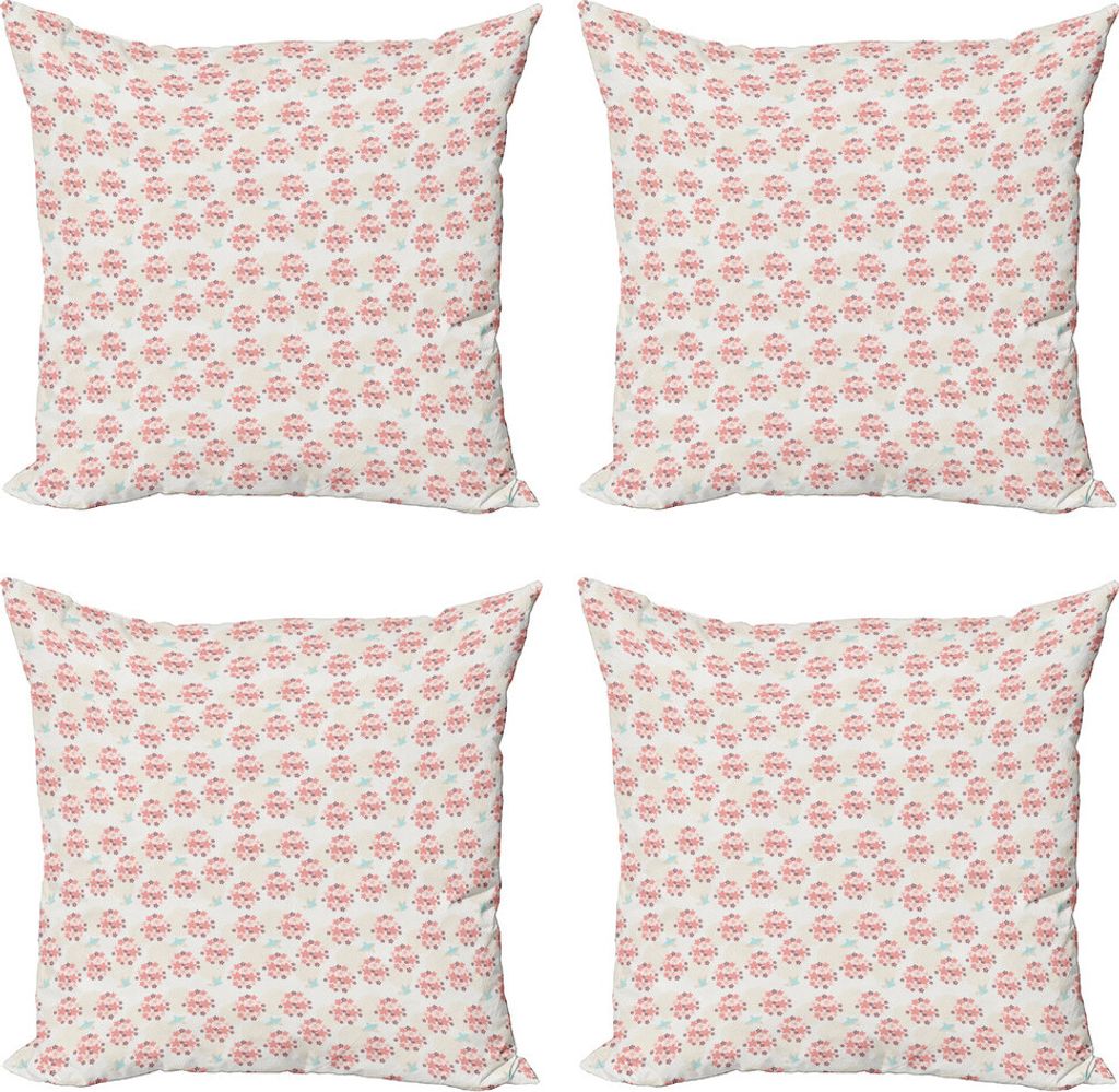 ABAKUHAUS rosa Blumen Kissenbezug Set (4 Stück), Pastell Zarte Vögel, Moderner Doppelseitiger Digitaldruck, 45 cm x 45 cm, Mehrfarbig