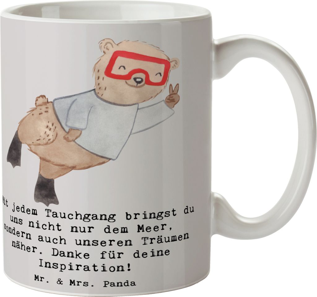 Mr. & Mrs. Panda Kaffeetasse Tauch Trainerin - Grau Pastell - Geschenk, Danksagung, Becher, Meereswelt, Meer, Dankbarkeit, Trinkbecher, Tauchschulu...