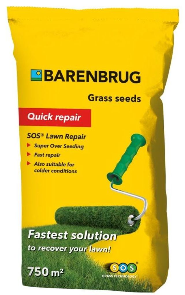 Barenbrug Rasensaatgut 15kg bis 750m2 - Erholungsrasen SOS Lawn Repair beschichtet - Ganzjährig schnelle Erholung des Rasens - Keimt bereits bei 4...