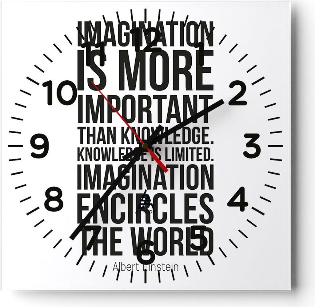 Wanduhr - Quadrat - Glasuhr - Einstein Maxim Imagination - 30x30cm - Schleichendes Uhrwerk - Lautlos - zum Aufhängen bereit - Dekoration Modern - ...