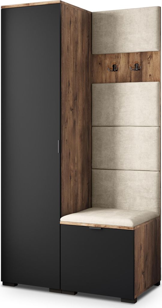 Masseno Garderobe-Set LORI 95/181/51 cm Modern Garderobenschrank Eiche Lefkas, Veloursstoff MONOLITH 04 (Beige)
