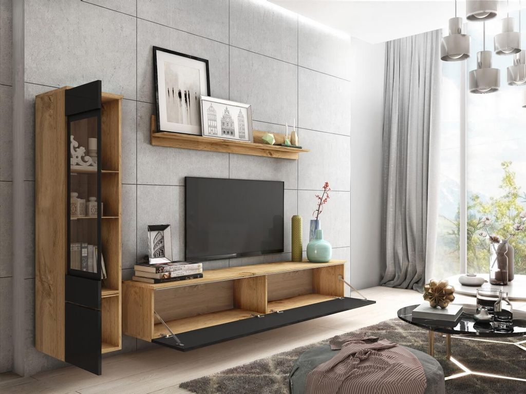 A modern living room with a wall-mounted entertainment unit.