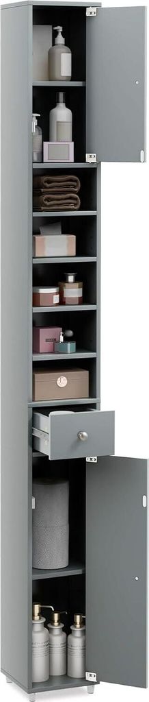 A tall, narrow gray cabinet with its doors open, revealing shelves and a drawer filled with bathroom items.