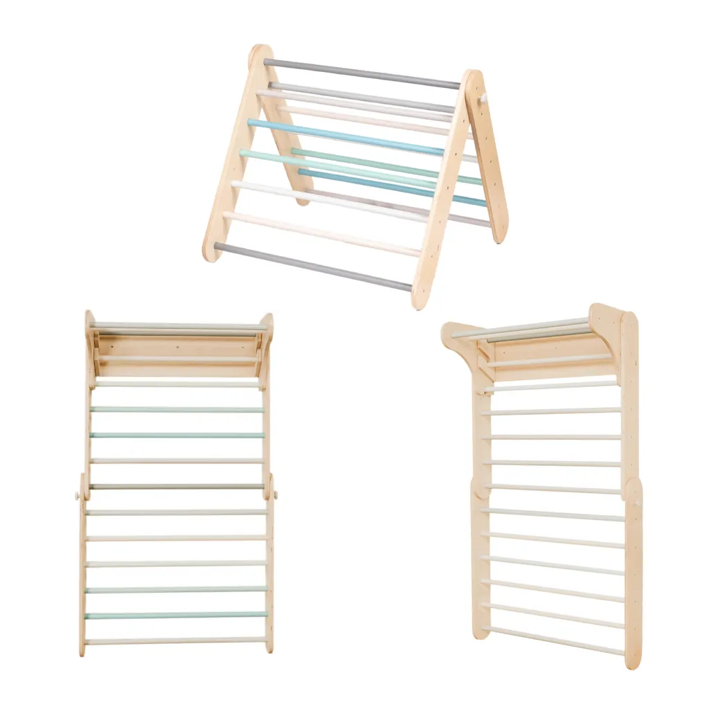 Triangle d'escalade en Bois Montessori 2en1 avec Mur Suédois Pastel