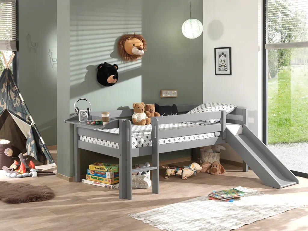 Lit de jeu à couchette surélevé avec toboggan et sommier inclus gris