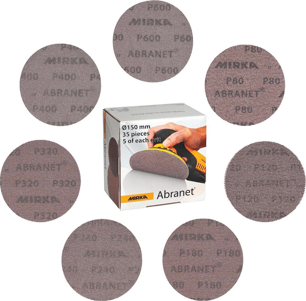 Mirka Abranet Netzschleifscheiben Ø 150mm Klett / Mix-Pack 5 von jeder Körnung 80, 120, 180, 240, 320, 400, 600 / 35 Stk / Für alle 150mm Exzent...