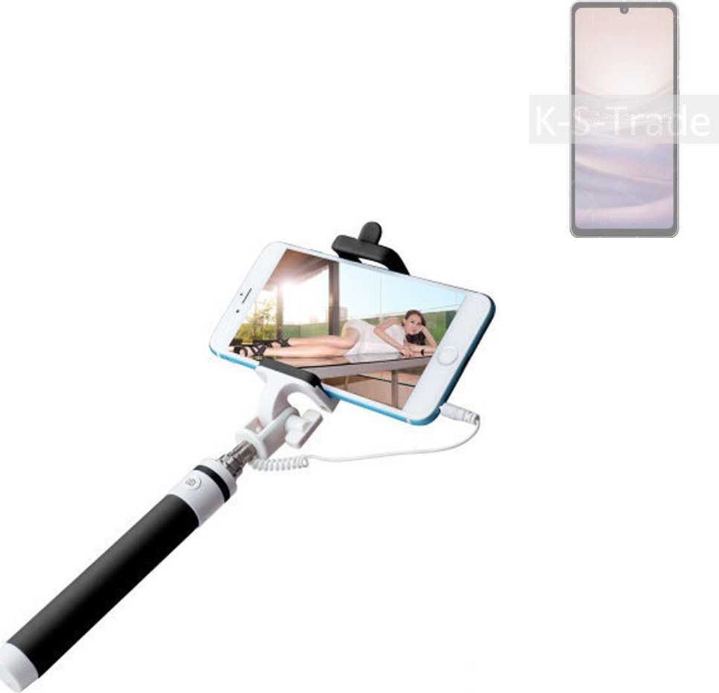 K-S-Trade Selfie Stick kompatibel mit Sharp Aquos Sense7 Selfiestick kabelgebunden Monopod mit Kabel Stab Stange Selfportrait Handheldstick schwarz