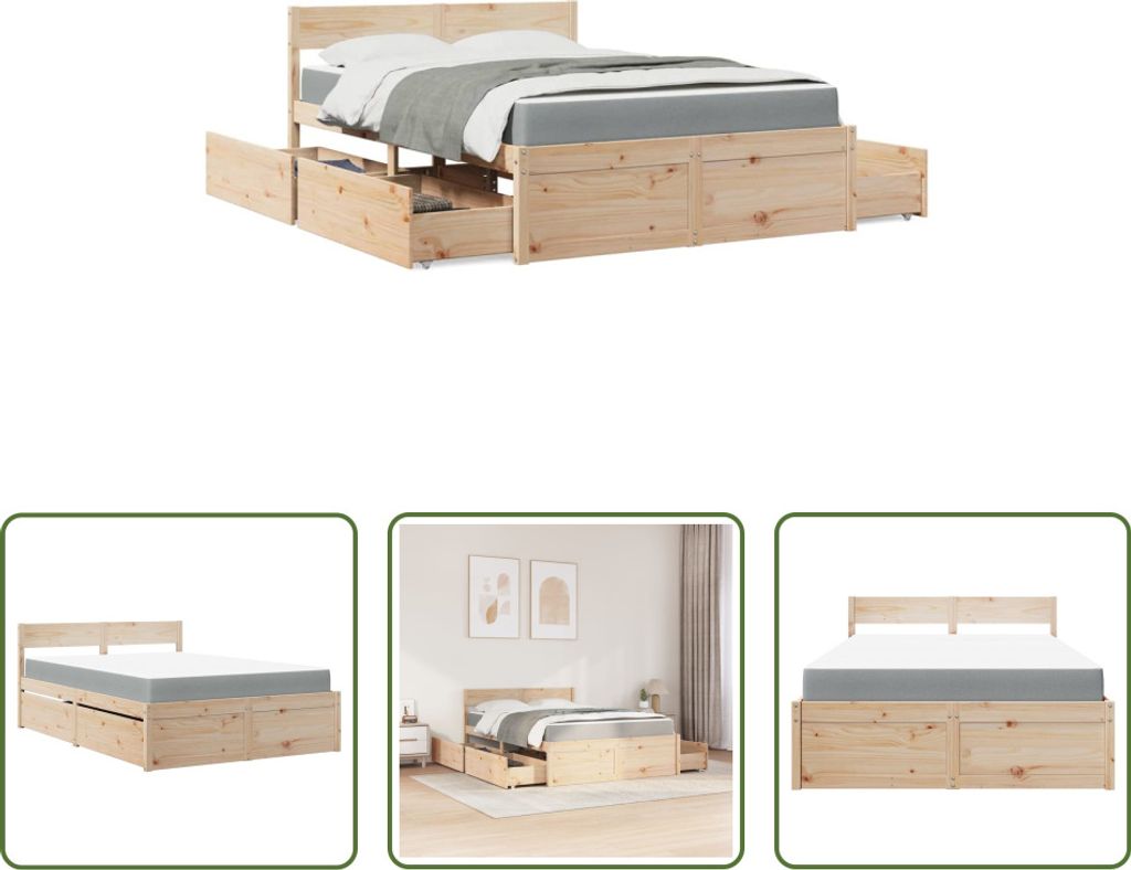 The Living Store Bett mit Schubladen und Matratze 140x190 cm Massivholz Kiefer