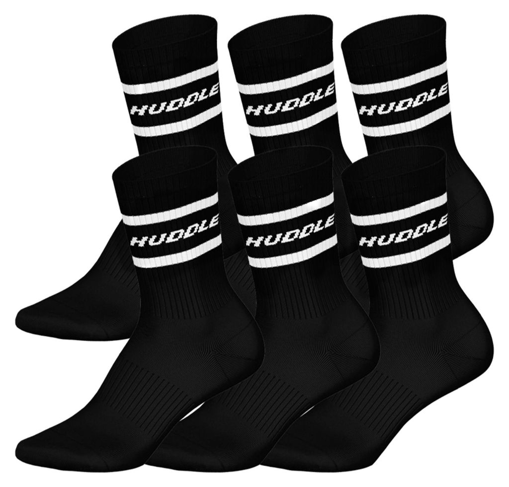 HUDDLE Uni Socken, 6er Pack - Streifen, Logo, Crew, Sportsocken, einfarbig Schwarz 35-38