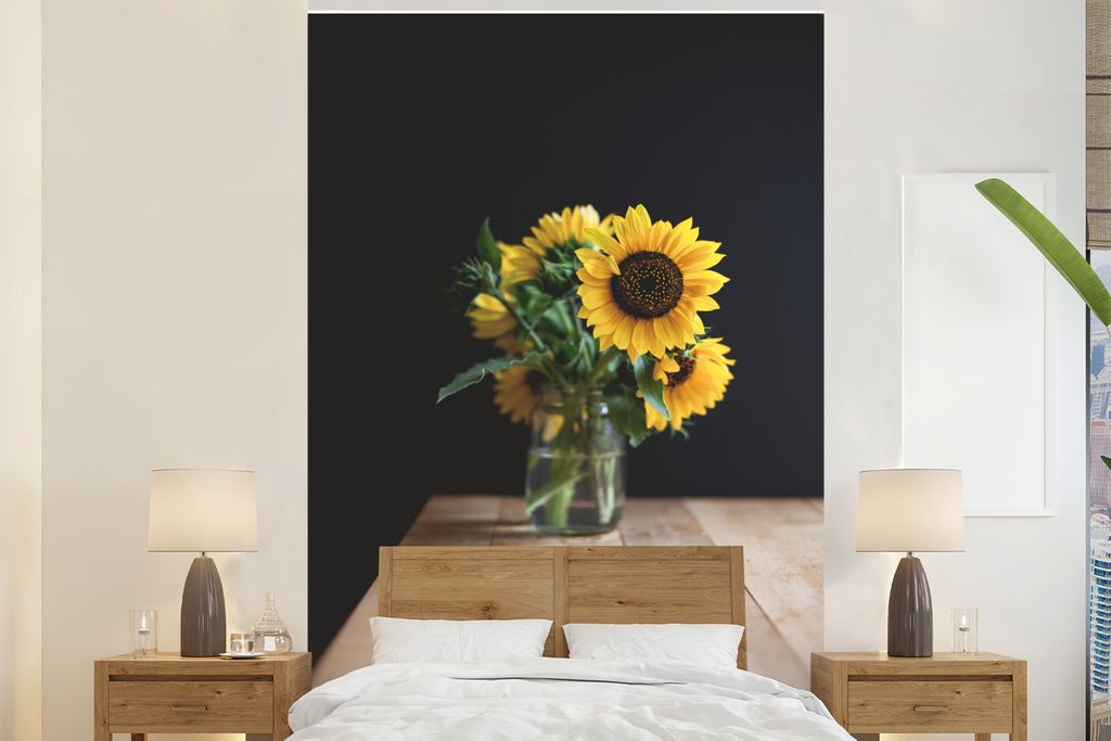 MuchoWow Fototapete für Wohnzimmer oder Schlafzimmer Wandtapete Vinyl Motivtapete Blumen - Sonnenblumen - Strauß - 160x240 cm - Vinyltapete