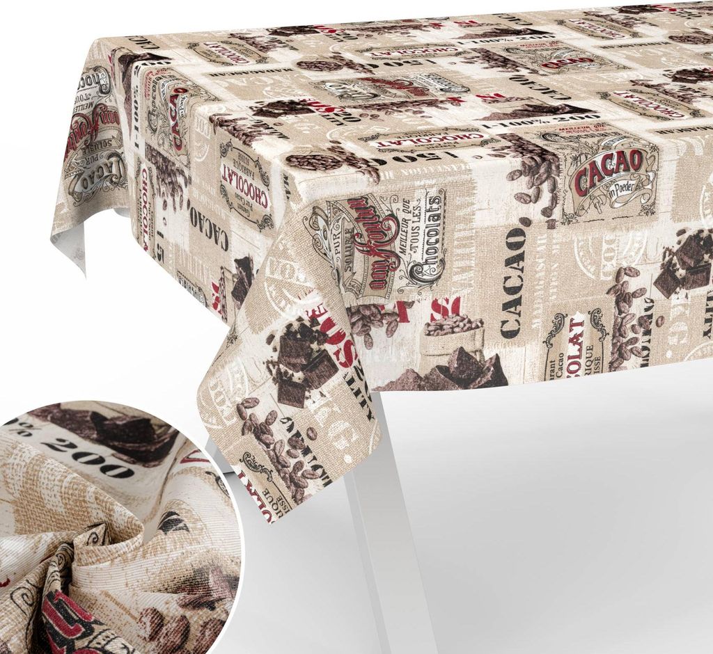Tischdecke Kakao - Schokolade mit Tee und Kaffee aus Textil Tischtuch mit Beschichtung Tischwäsche American Beige Breite 140cm Länge 220cm mit Sc...
