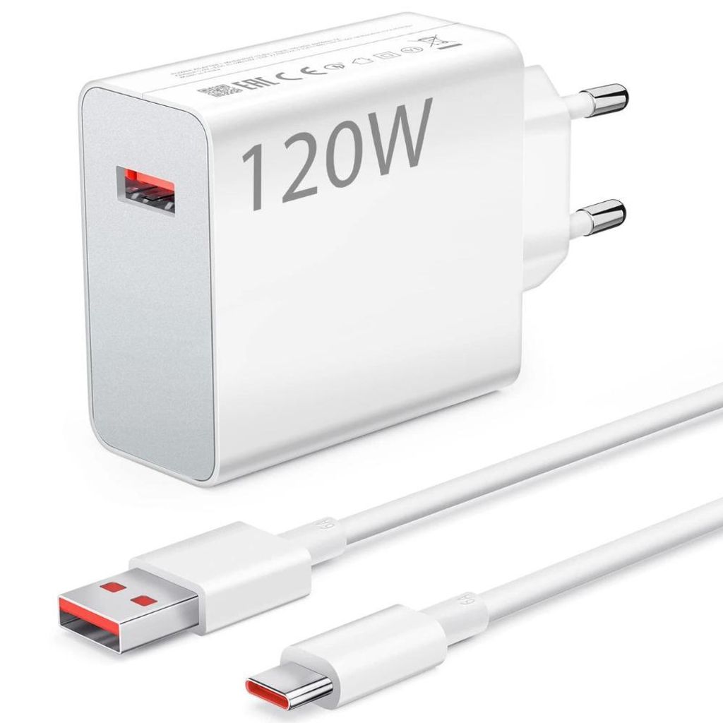 A white 120W charger and its white USB-C cable are displayed on a white background.