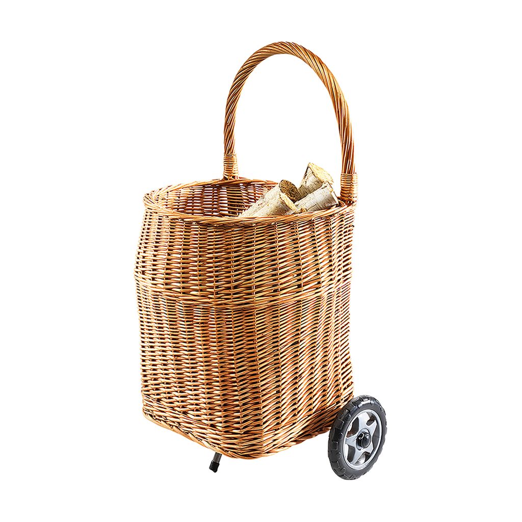 Kobolo Kaminholzwagen mit Rollen Brennholzwagen - aus Vollweide mit Leinen Holzkorb Holzwagen Trage Feuerkorb Tragehilfe Korb für Holz Kaminkorb Deko