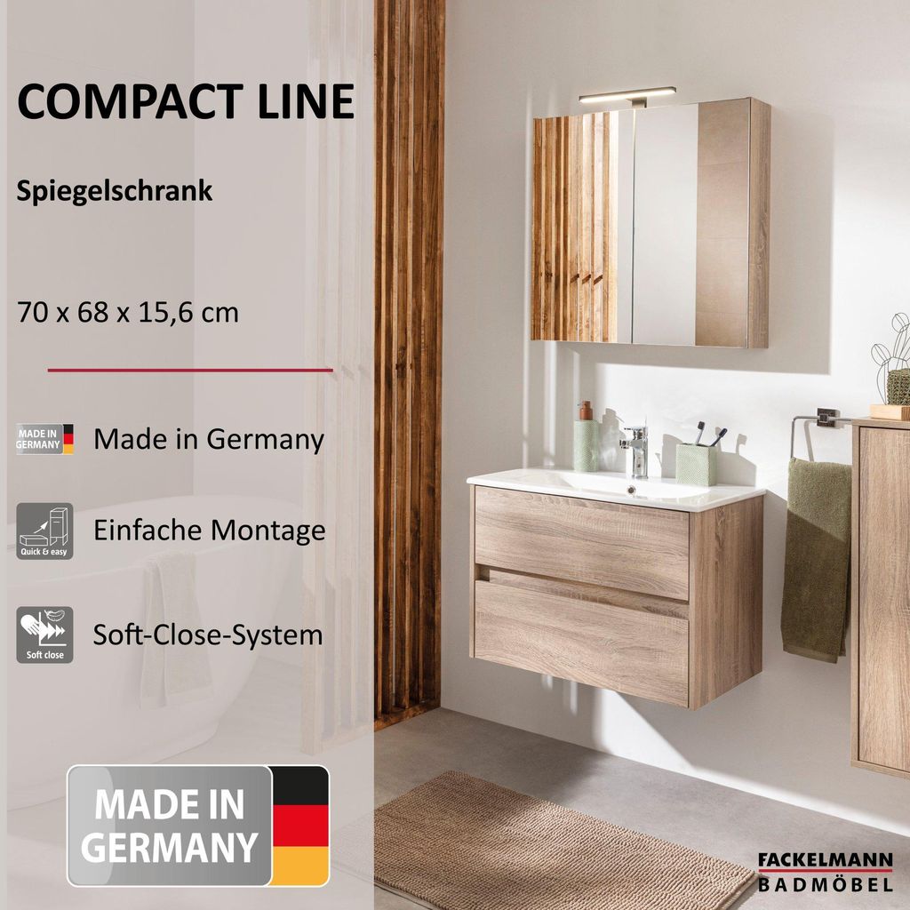 FACKELMANN COMPACT LINE Spiegelschrank 70 cm in Braun Modernes Design trifft auf Funktionalität für Dein Badezimmer