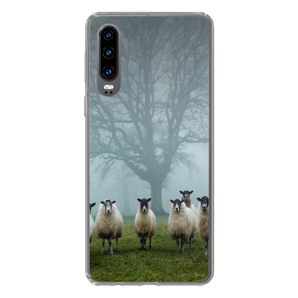 MuchoWow Handyhülle Schutzhülle Hülle für Huawei P30 Schaf - Baum - Nebel Silikon Softcase Handy Hülle - Kartenbesitzer