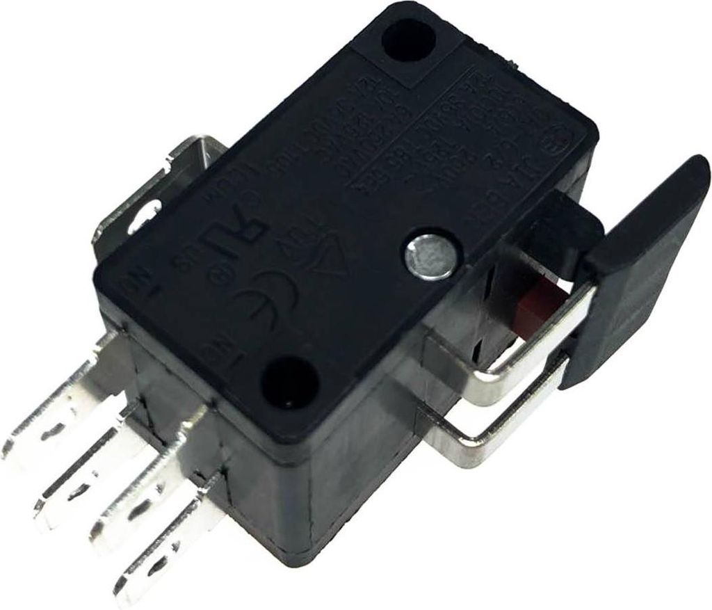 A close-up studio shot of a black microswitch with silver metal terminals and a red actuator button.