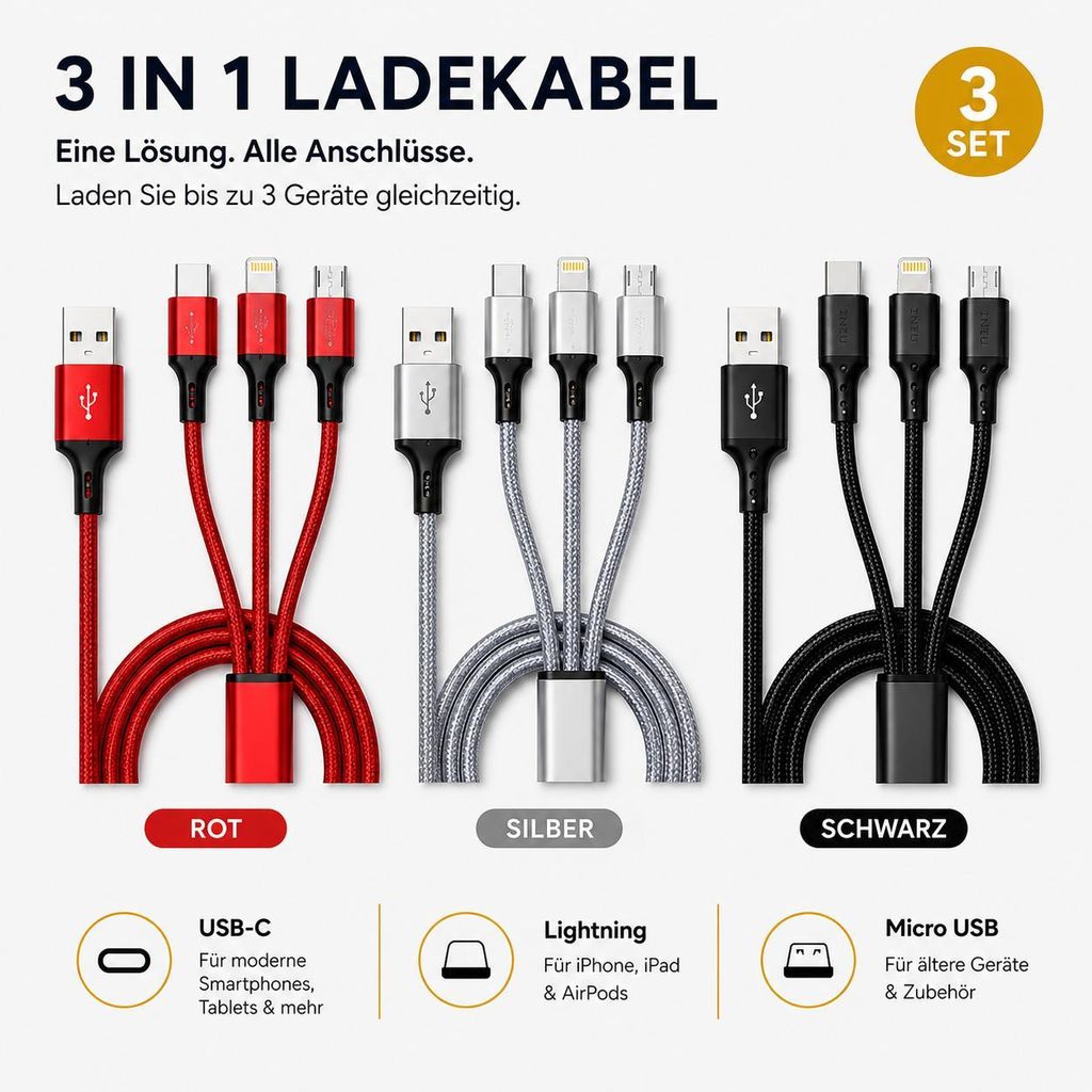 3in1 Ladekabel Set USB-C Lightning Micro-USB 3er Pack 1,2m, Produktbild 