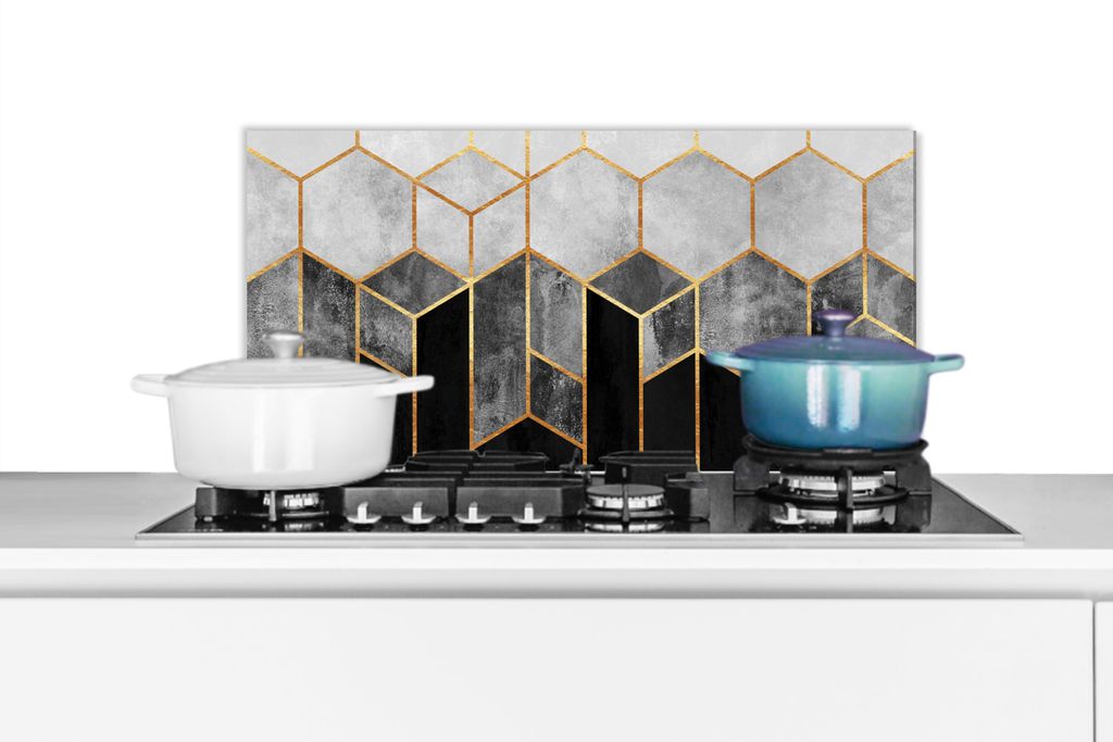 KitchenYeah Spritzschutz Küche - Küchenrückwand - Wandschutz für Herd und Spüle - Gold - Sechseck - Chic - Muster - Luxus 70x30 - Alu-Dibond...