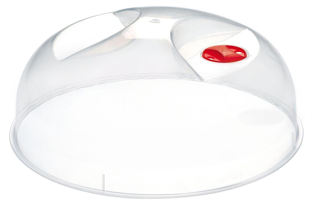 A clear plastic microwave lid with a red vent on a white background.