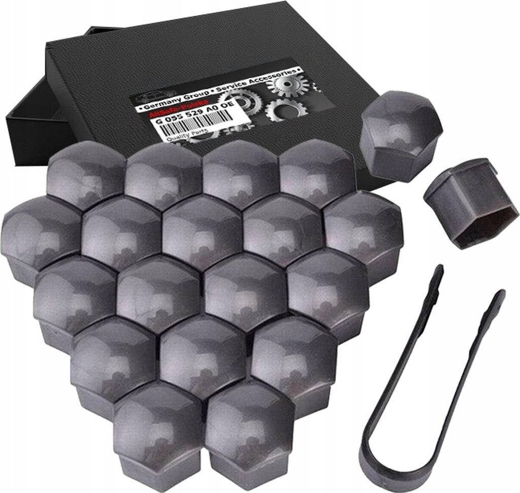 A set of dark gray wheel nut caps and a tool are arranged on a white background, with a black box in the upper left corner.