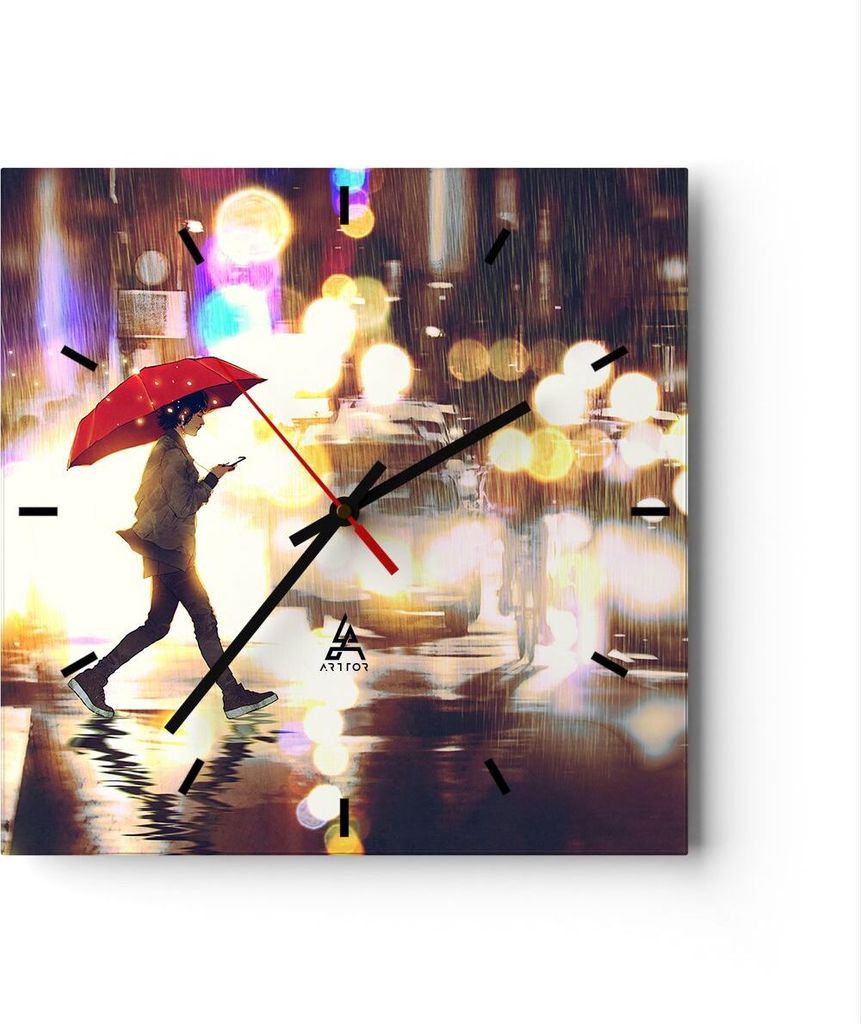 Wanduhr - Quadrat - Glasuhr - Stadt Straße Nacht - 40x40cm - Schleichendes Uhrwerk - Lautlos - zum Aufhängen bereit - Dekoration Modern - Wanddek...