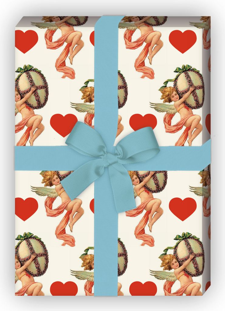 Romantisches Vintage Oster Geschenkpapier mit Retro Engel, Herz und Osterei - G7250, 32 x 48cm