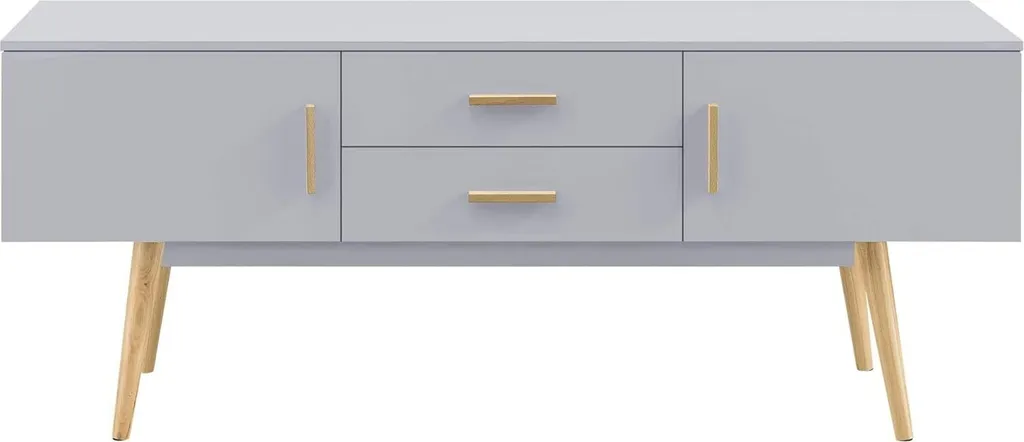 Banc TV gris clair 140cm Alavus, meuble de rangement avec deux tiroirs