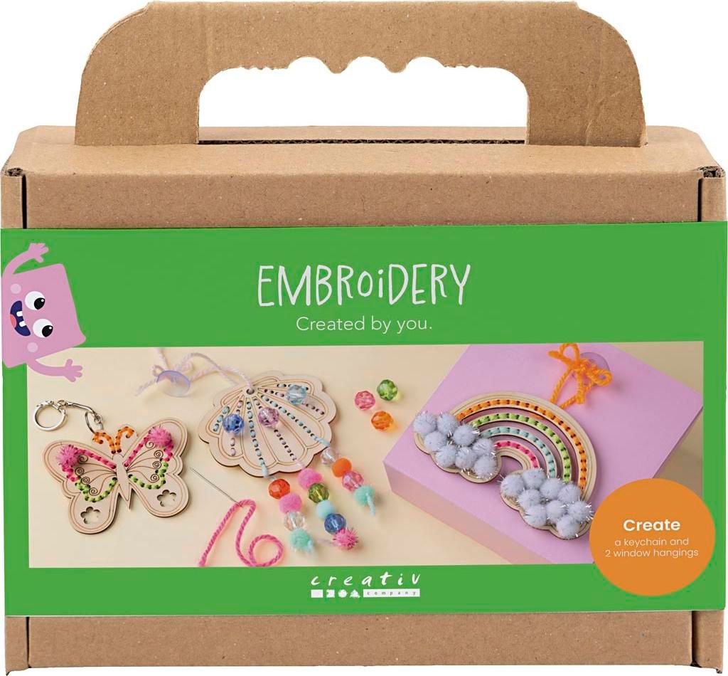 Creativ Company Mini-Hobby-Set Stickerei, Schmetterling, Muschel, Regenbogen, verschiedene Farben, 1 Box