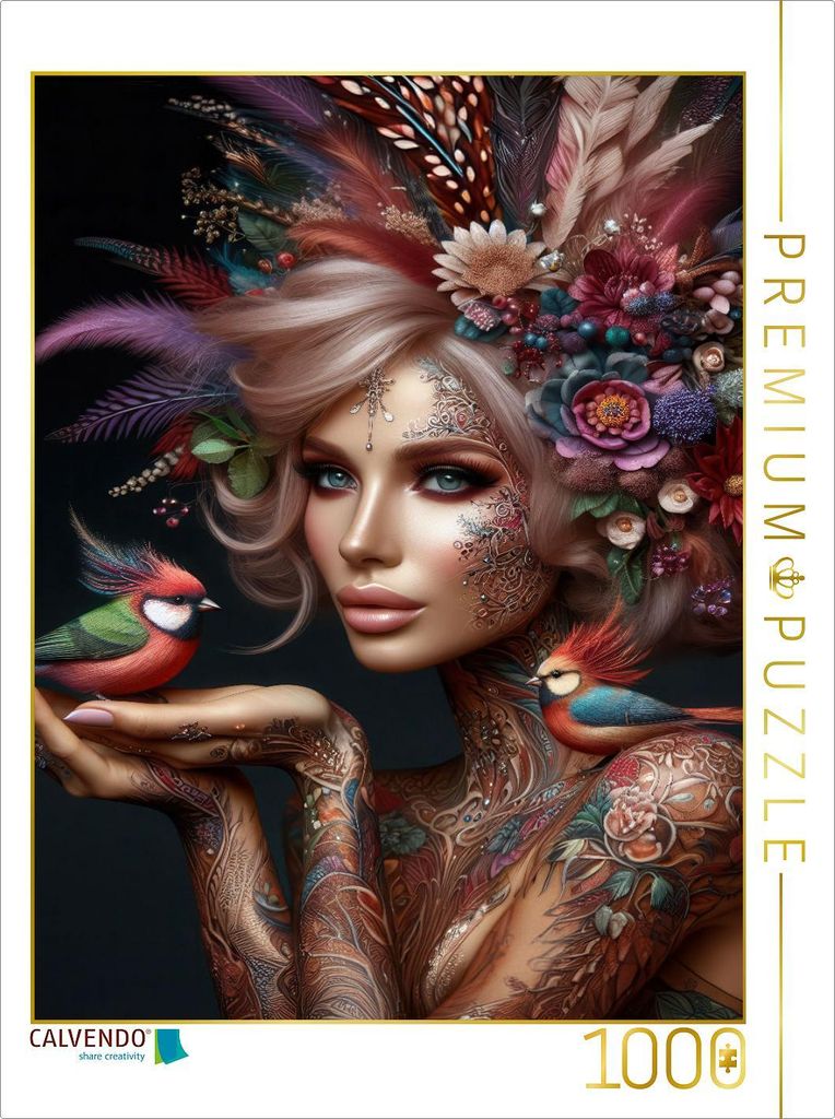 CALVENDO Puzzle Portrait einer Frau mit mauvefarbenen organischen Haarschmuck und Paradiesvögeln auf der Hand | 1000 Teile Lege-Größe 64x48cm Fo...